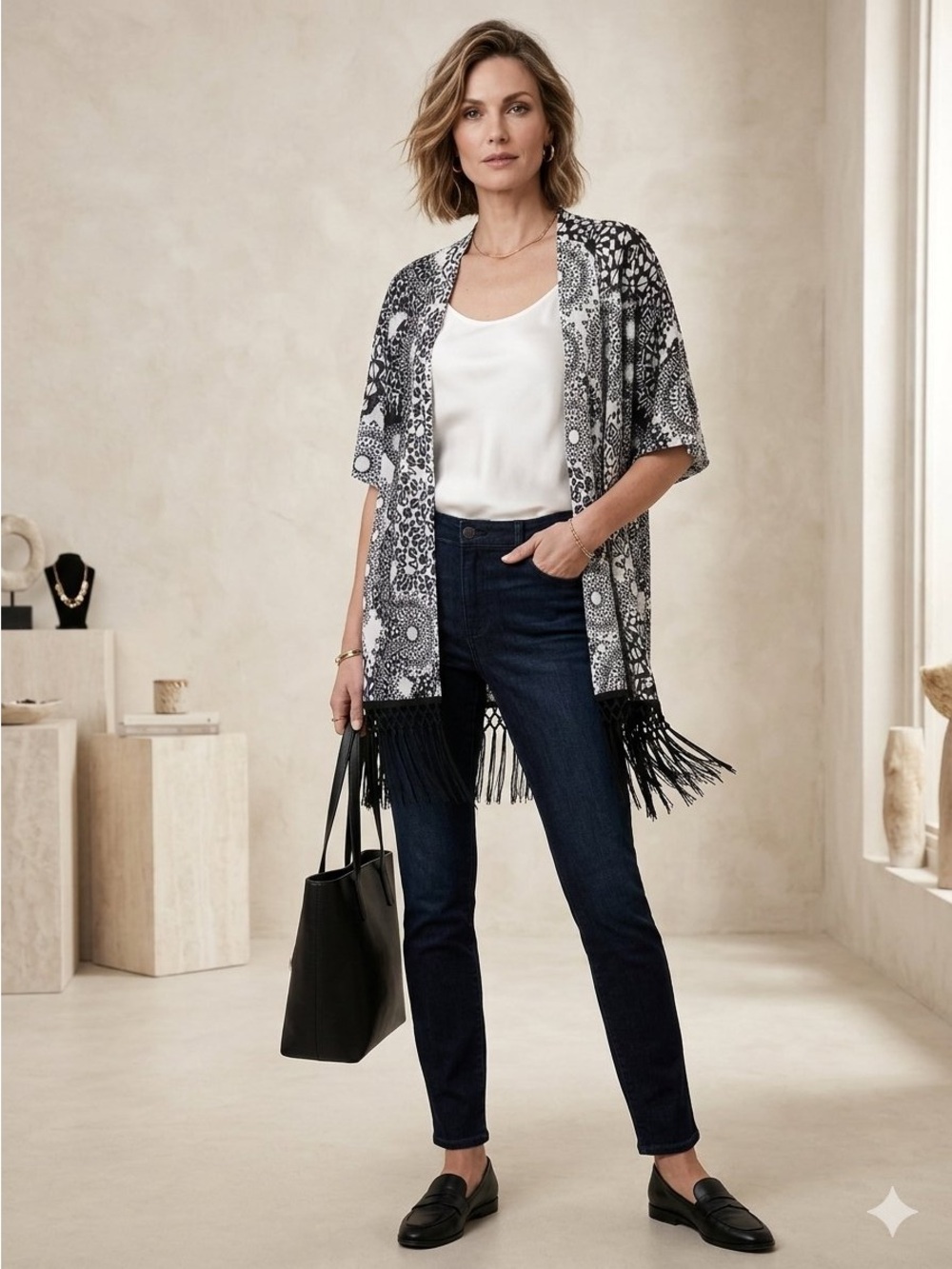 Chicos Elisha Cardigan fringe hem Size Large